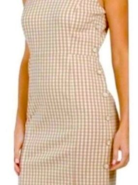 J McLaughlin Sleeveless Gingham Midi Dress in Tan